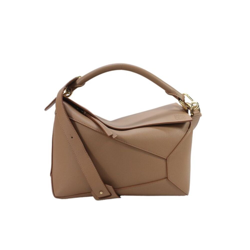 Loewe Womens Grained Calfskin Puzzle Edge Top Handle Handbag Toffee Brown